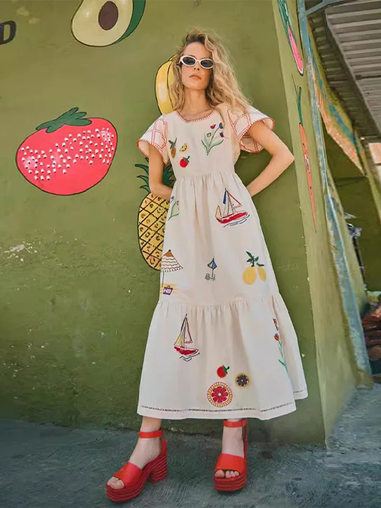 

Elegant Print Ruffles Hem Maxi Dress Women O-neck Flare Short Sleeve Pleated Casual Long Dresses Summer New Lady Vocation Robes