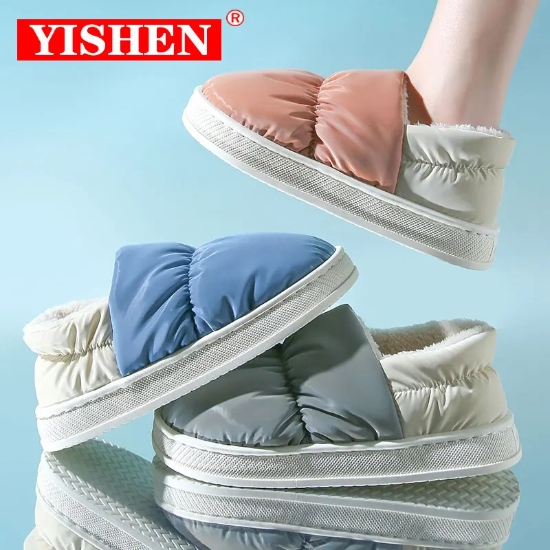 YISHEN Women Slippers Down Cloth Cotton Shoes Warm Plush Slippers For Men Indoor Winter Waterproof Platform Zapatillas De Mujer