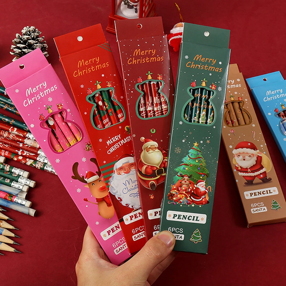 6Pcs/Set Cartoon Christmas Pencil  HB Pencil with Eraser Student Writing Painting Stationery Gift