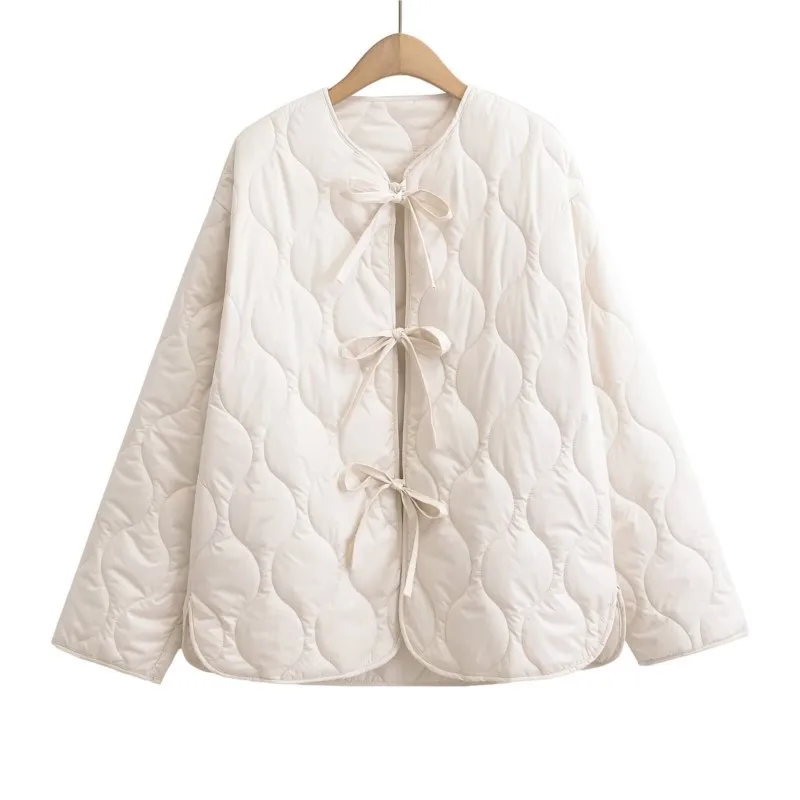 2025 Winter Women's Warm Cotton Jacket French-Style with Bow Crew Neck Black & White Color Stylish Casual Outerwear Daily Wear 1