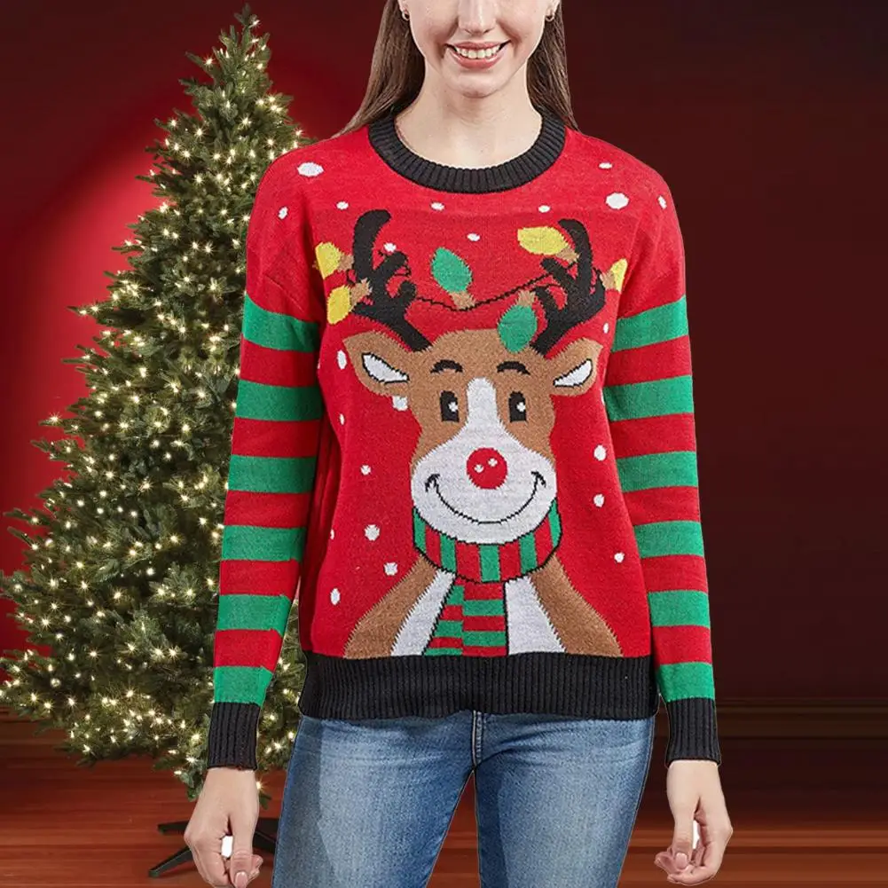 

Knitted Holiday Sweater Women Elk Print Sweater Festive Christmas Women's Sweater Elk Pattern Breathable Red Green for Holiday