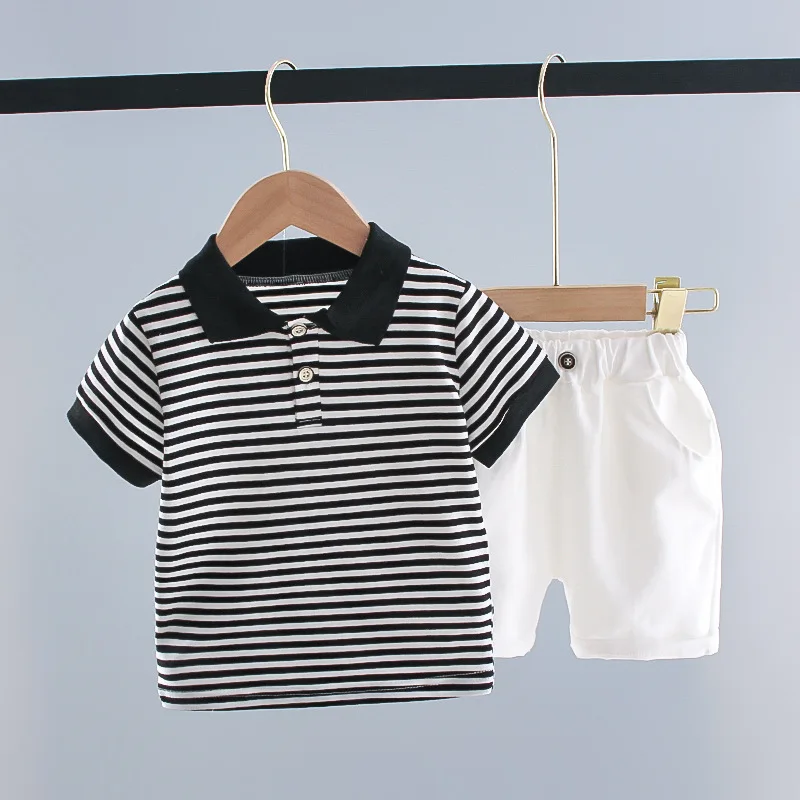

Summer Casual Boy Clothes Kid Two Piece Striped Lapel T-shirt White Pant 2Pcs Baby Boy Party Gentleman Suit Infant Outfit A527