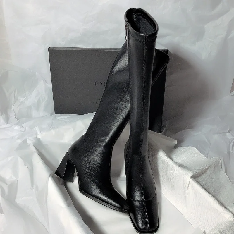 2023 7CM Women Long Boots High Quality Leather Patent Leather Ladies Zip Knight Boots Fashion High Heel Knee-high Lady Boots