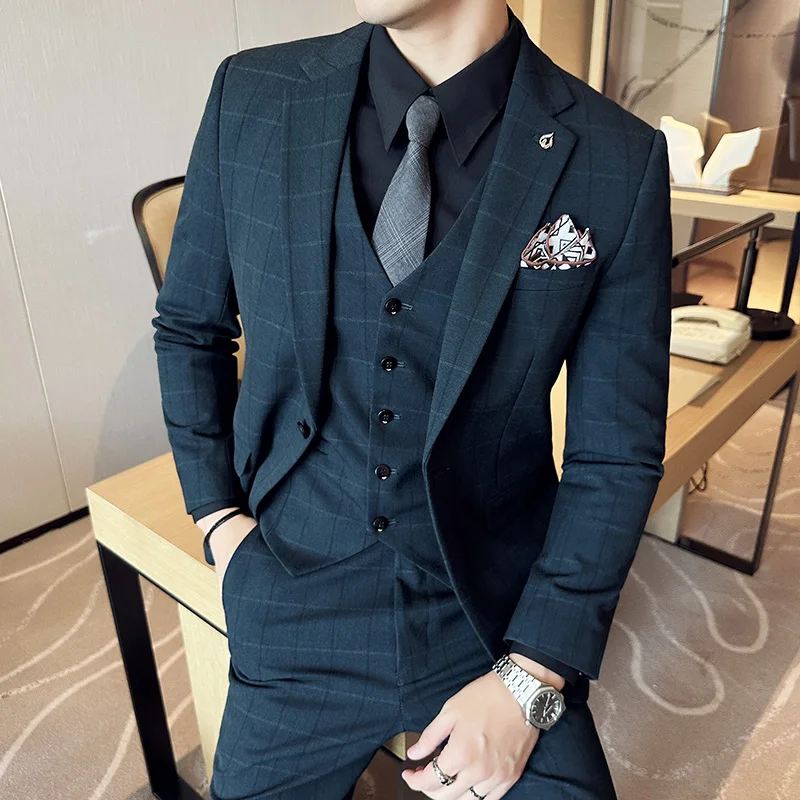 

Fashion New Men Boutique Plaid Suits Business Wedding Groom Suits Three Piece Set 3 Pcs Dress Blazers Jacket Coat Pants Vest