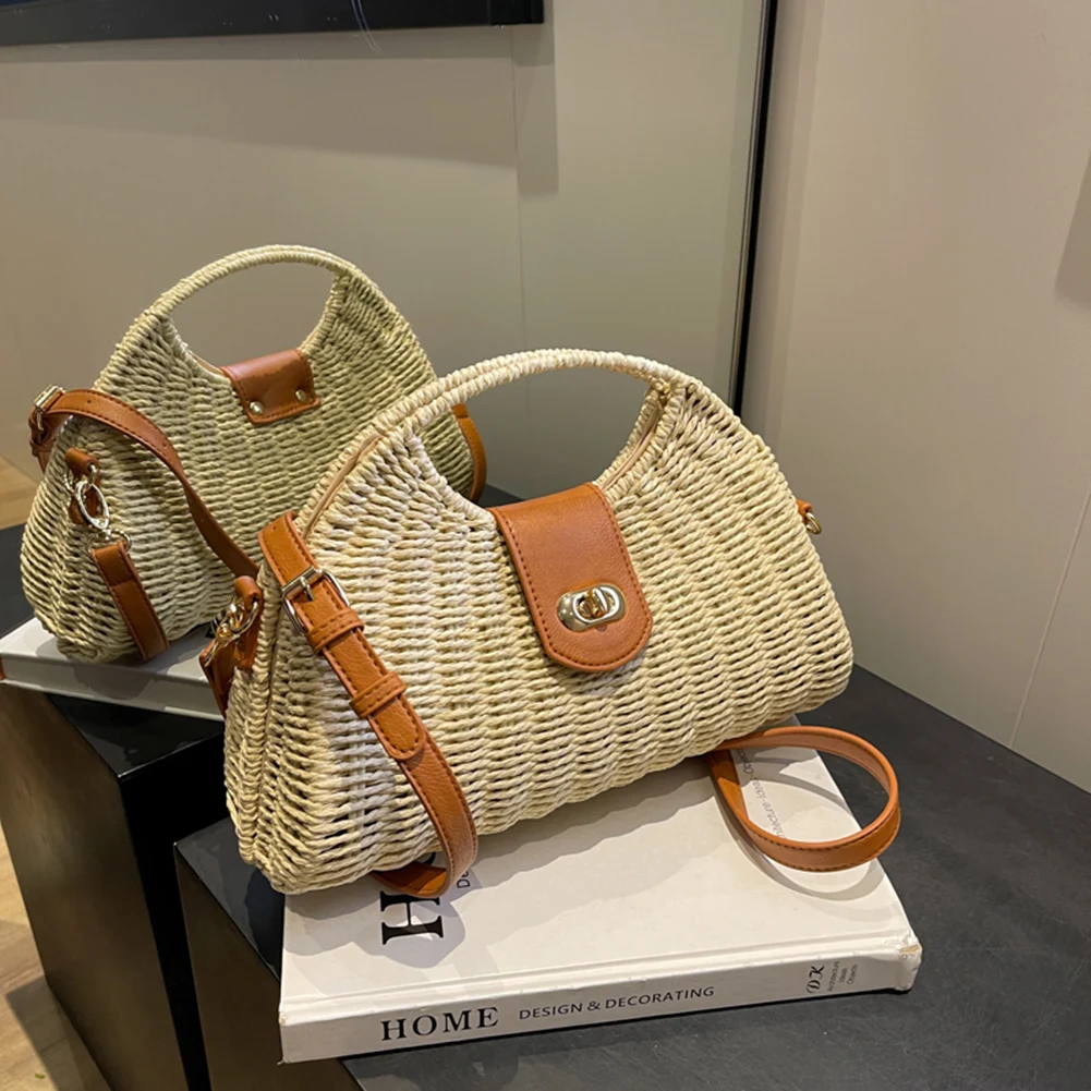 Women Hand-Woven Bag Summer Woven Shell Female Tote Bag Handmade Fashion Holiday Casual Simple Elegant Lady Straw