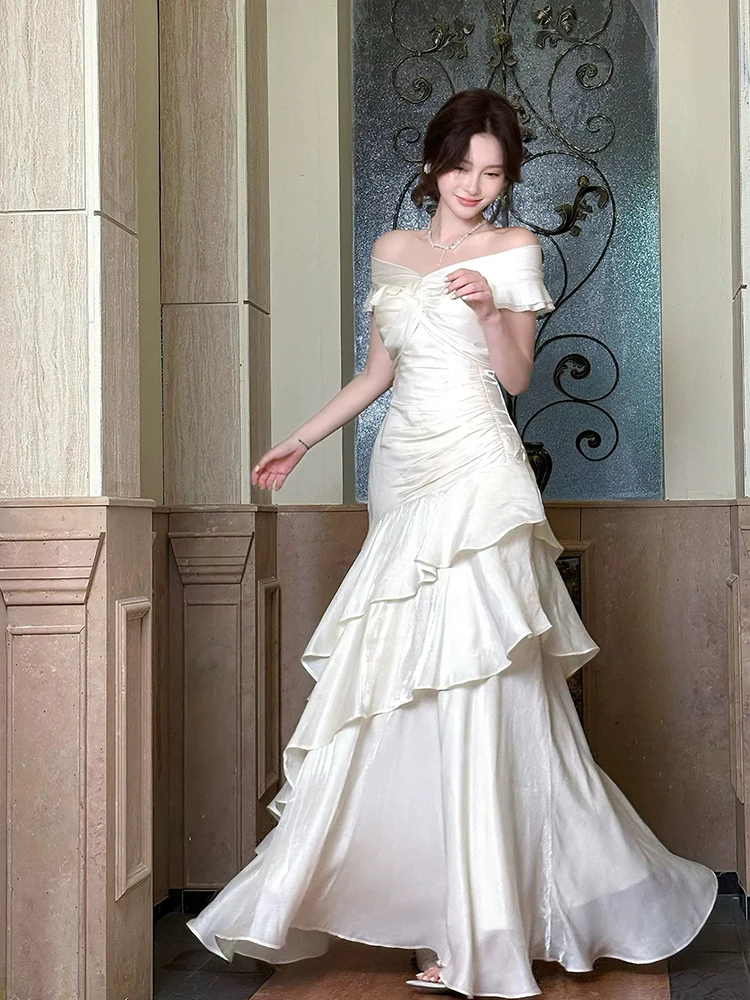Nuovo Abito Lungo Elegante Francese da Donna, con Volant, Scollo a Barca, Vestito a Sirena Slim, Senza Maniche, Stile Tromba, Estetico Femminile
