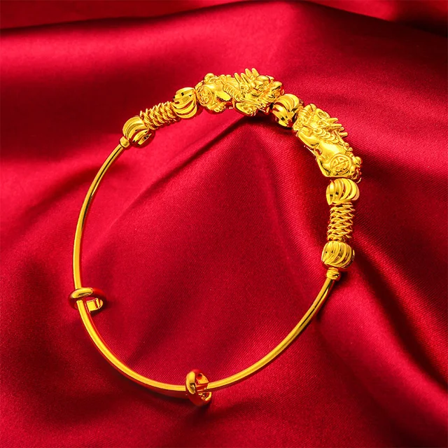 Fine jewelry piece with 24k Yellow Gold Color Money Pixiu Transfer Beads Bracelets for women and babies.