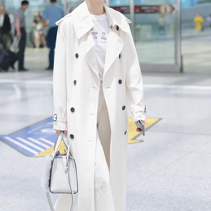 

Long White Trench Coat Women's 2023 New Spring Autumn Fashion Double-breasted Slim Long Sleeve Windbreaker Female Outerwear
