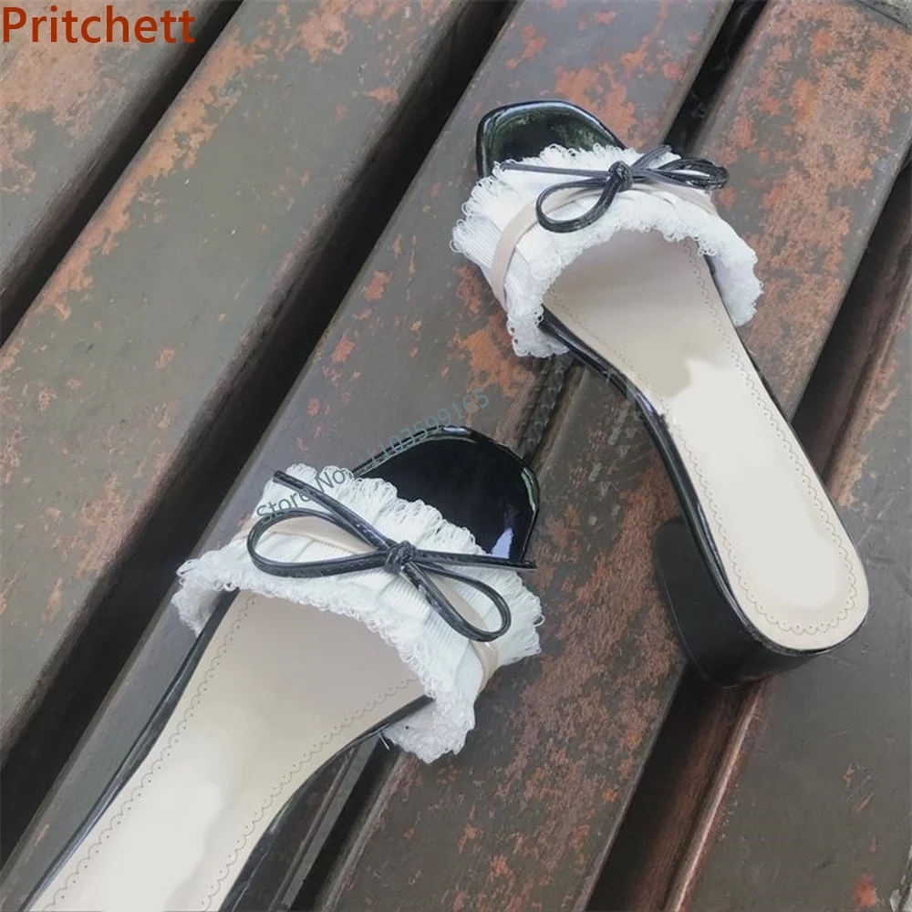 Fringe Butterfly Knot Mixed Color Slippers Square Toe Chunky Heel Slingback Slip On Shoes Women Classic Shoes Women 2024