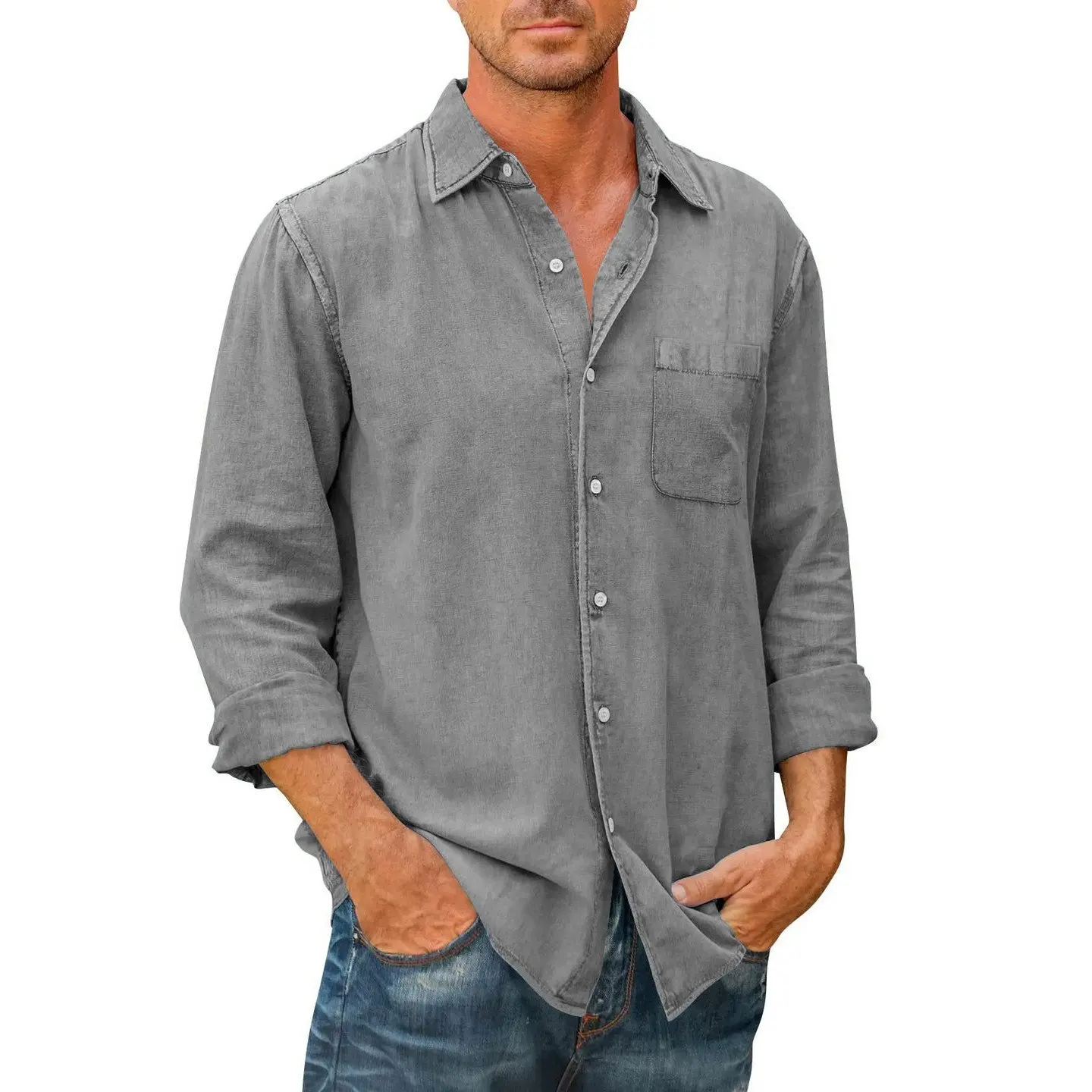 

Men's Solid Color Pocket Cotton Long Sleeve Shirt shirt Grey