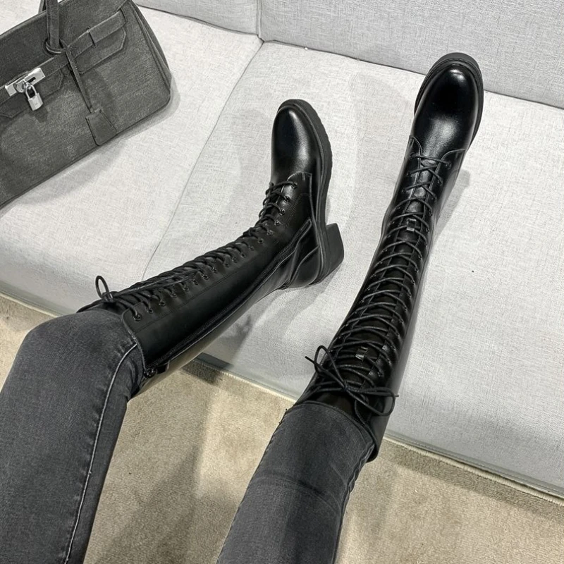 High Heels Laces Knee Shaft Ladies Boots Women Winter