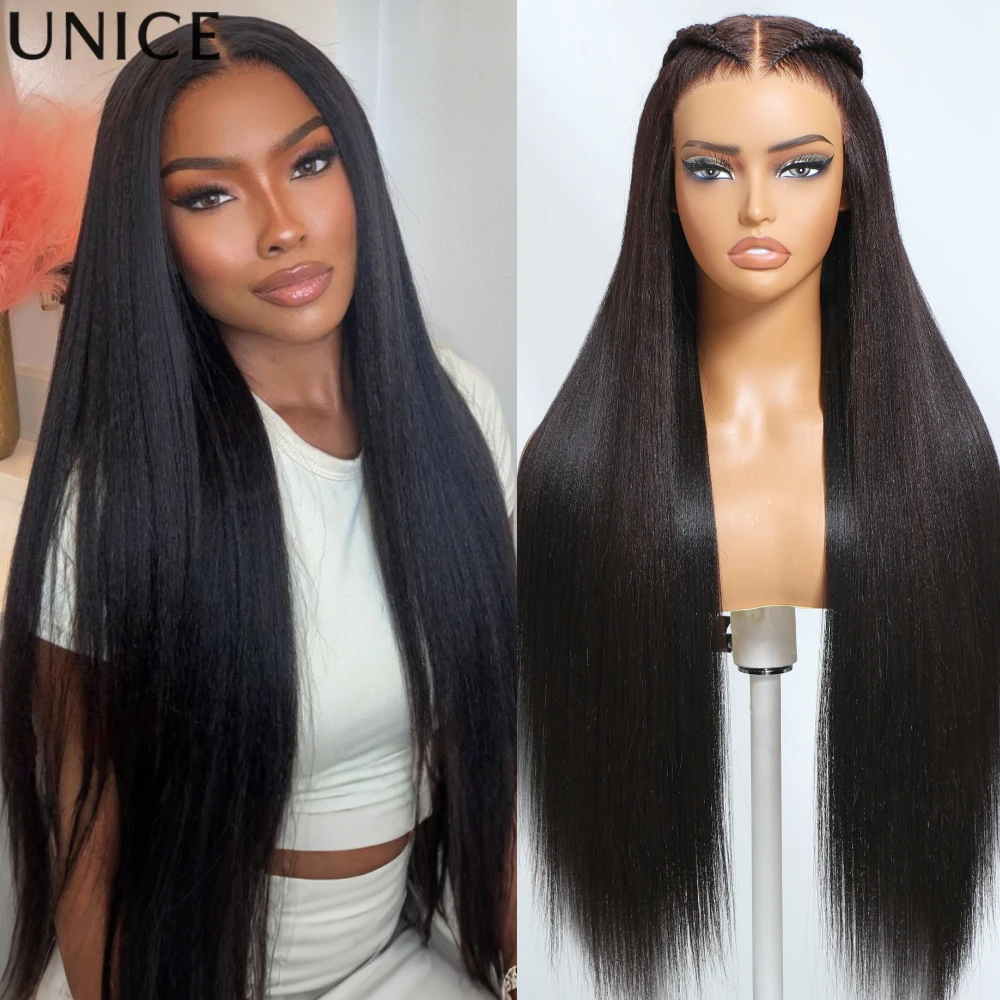 UNice Bye-Bye Slip 7x5 Lace Yaki Straight Wig 30 Inch Pre Cut Pre Bleached Glueless Human Hair Wigs With Invisible Drawstring