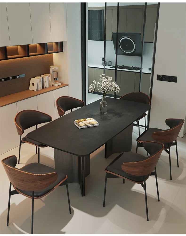 Italian Rock Slab Dining Table Modern Simple Rectangular Full Support Baseplate Black Retro Household Small Light Luxury Dining