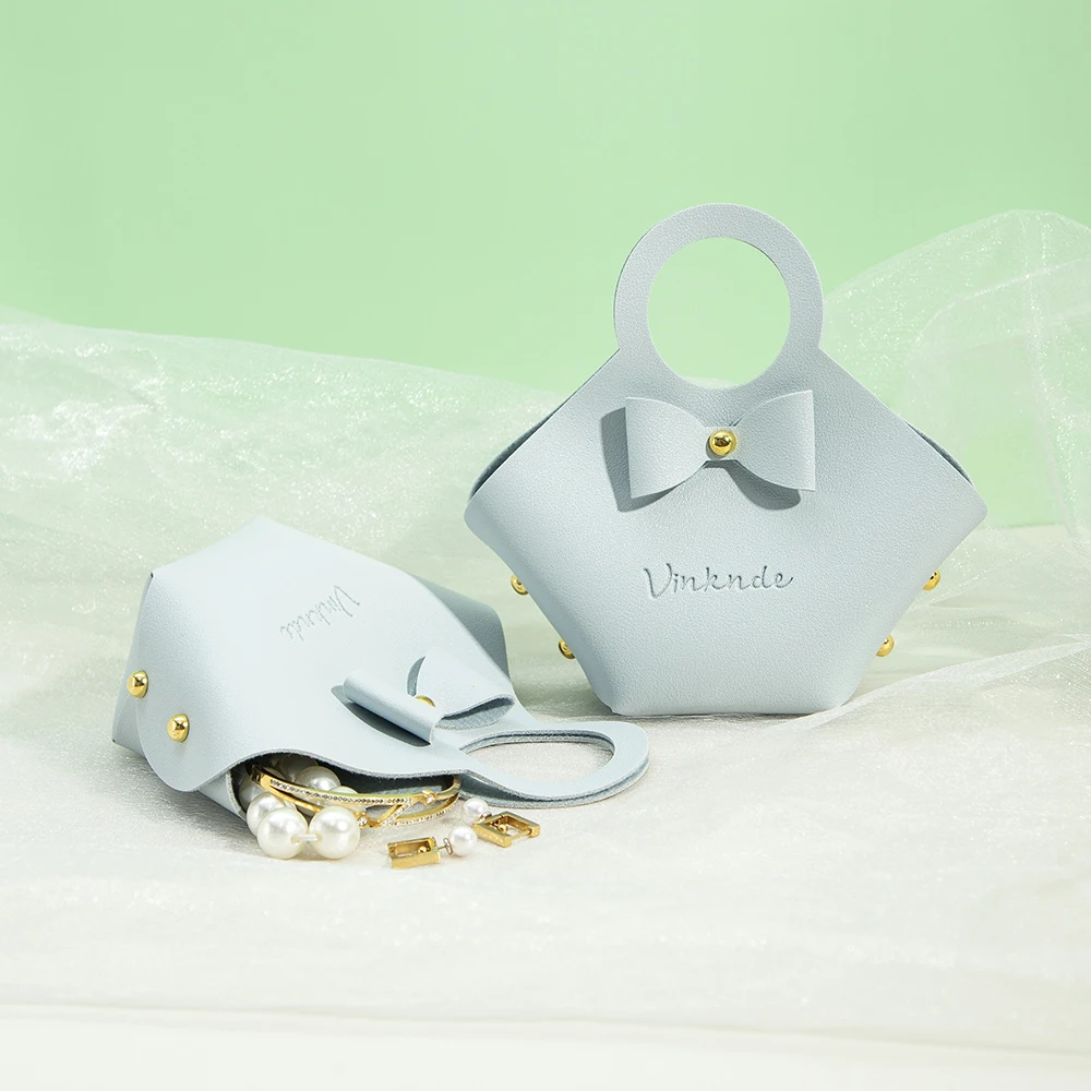 Light Blue Foldable PU Leather Jewelry Bag 16x9x7cm Wedding Candy Gift Basket Handbag Party Favors Cute Bowknot Wrapping Pouch