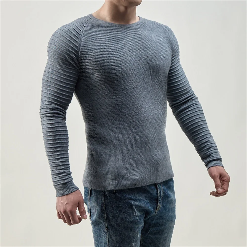 

New Autumn And Winter Men'S Trend Slim Round Neck Pleated Pullover Solid Plain Design Wear Long Sleeve Knits Inside And Outside