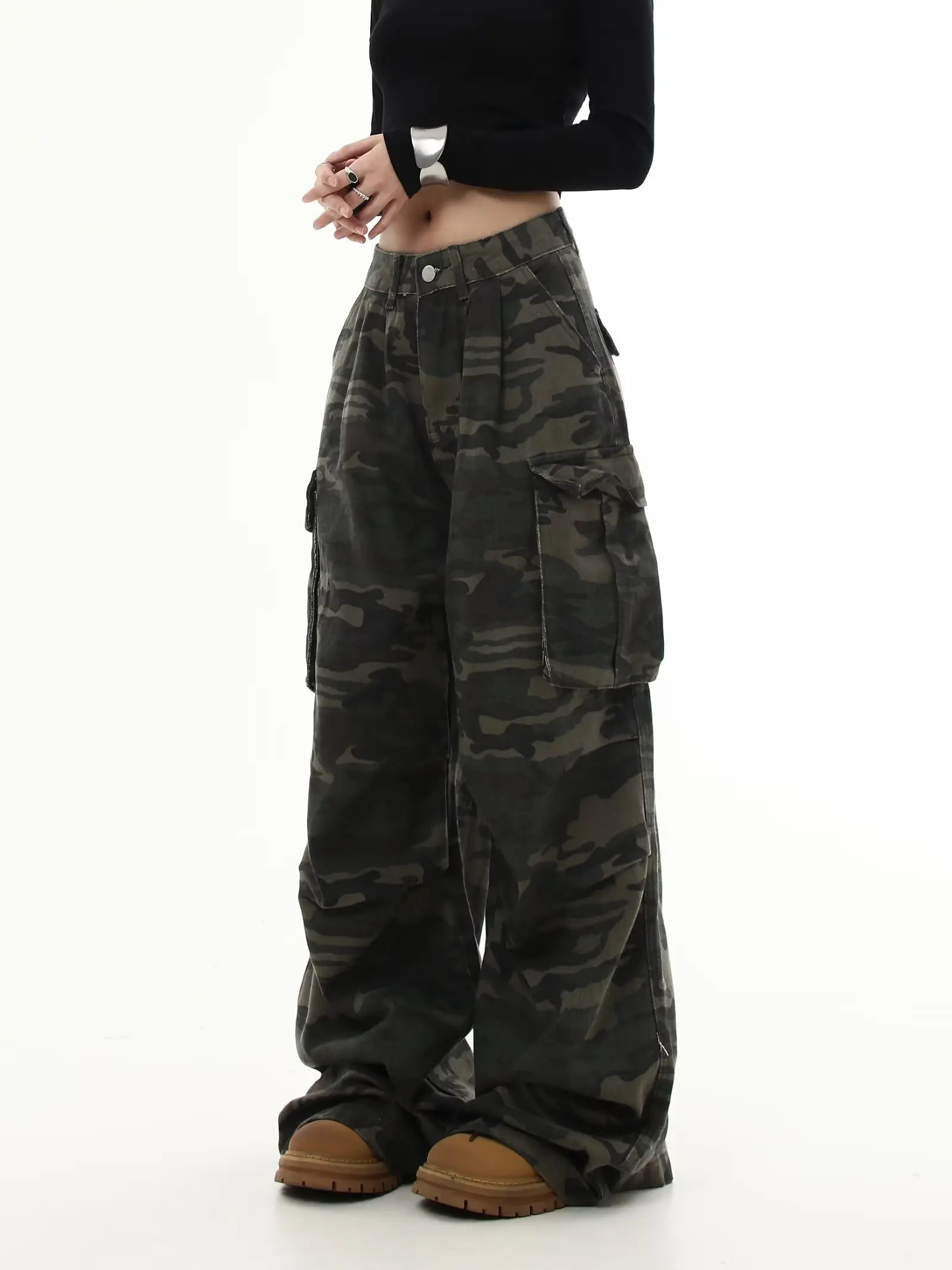 Camouflage Cargo Pants Women Y2K Streetwear Low Rise Jeans Retro Wide Leg Trousers Denim Straight Trousers Harajuku 3