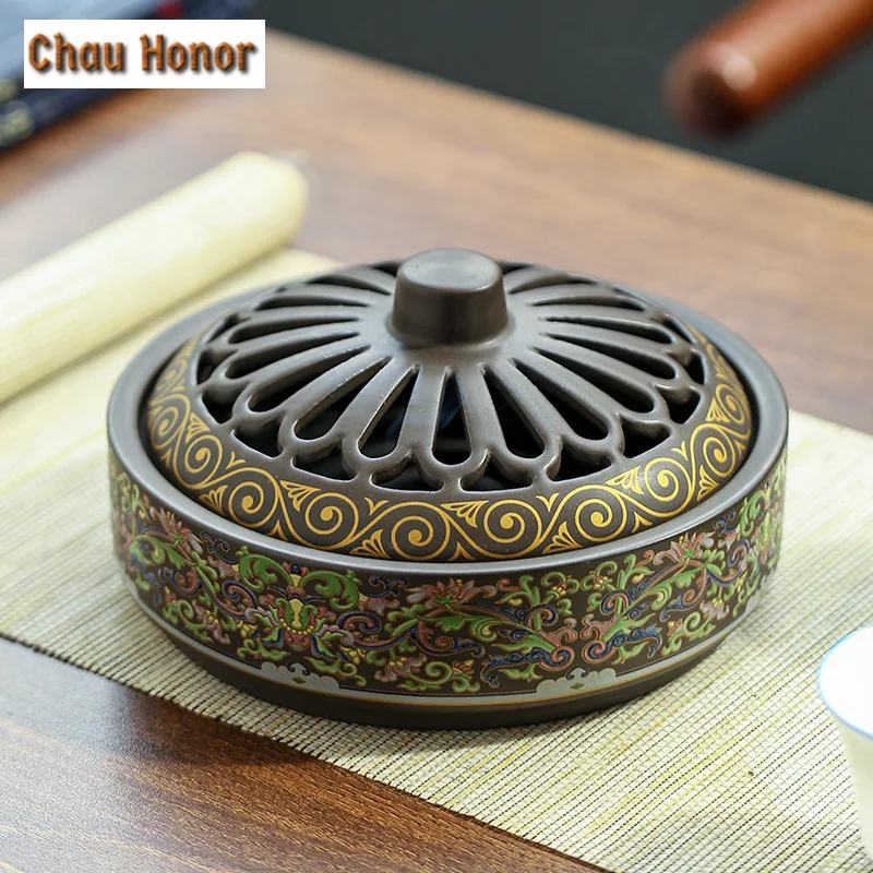 Extra Large Enamel Color Incense Burner Aromatherapy Mosquito Repellent Plate Cloisonne Furnace 12 Hour Incense Holder Ornaments