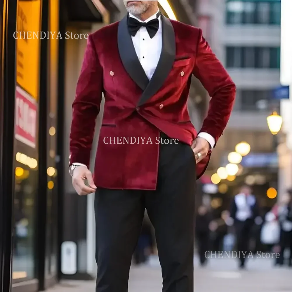 Men's Burgundy Velvet Suits Elegant Shawl Lapel Double Breasted 2 Piece Business Casual Jacket Evening Party Prom