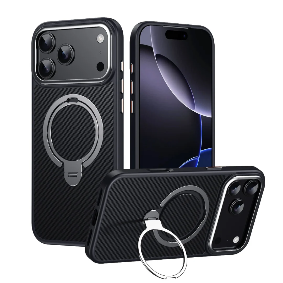 Premium Carbon Fiber Anti-Scratch Case with 360° Rotating Bracket Holder and MagSafe Compatibility