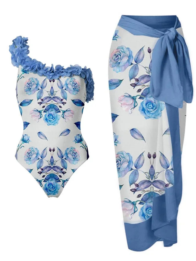 

Blue Fashion Printed Petal Trim Single Piece Micro Monokini Sexy Swimsuits and Cover-Ups Tankini Women 2023 Swimming Suits
