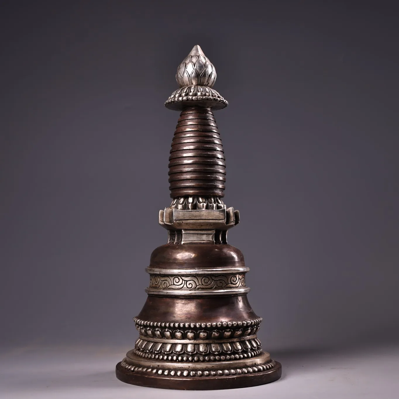 

13"Tibetan Temple Collection Old Bronze Gilded Silver Relief Tibetan style Lotus Buddha Pagoda Stupa Worship Hall Town house