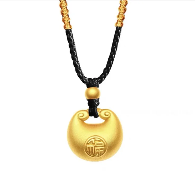9999 real gold small fat Fu long life lock pendant 24K gold small lump pendant auspicious clouds Yuanbao lucky bag necklace