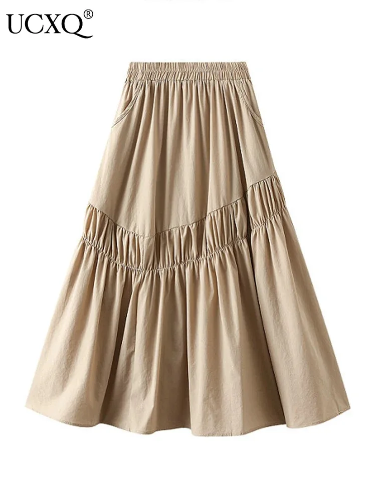 

UCXQ Elegant All Match Irregular Pleated Skirt Fashion Tide Solid Color Mid Length A-line Skirts Women 2024 Spring Summer 3A8297