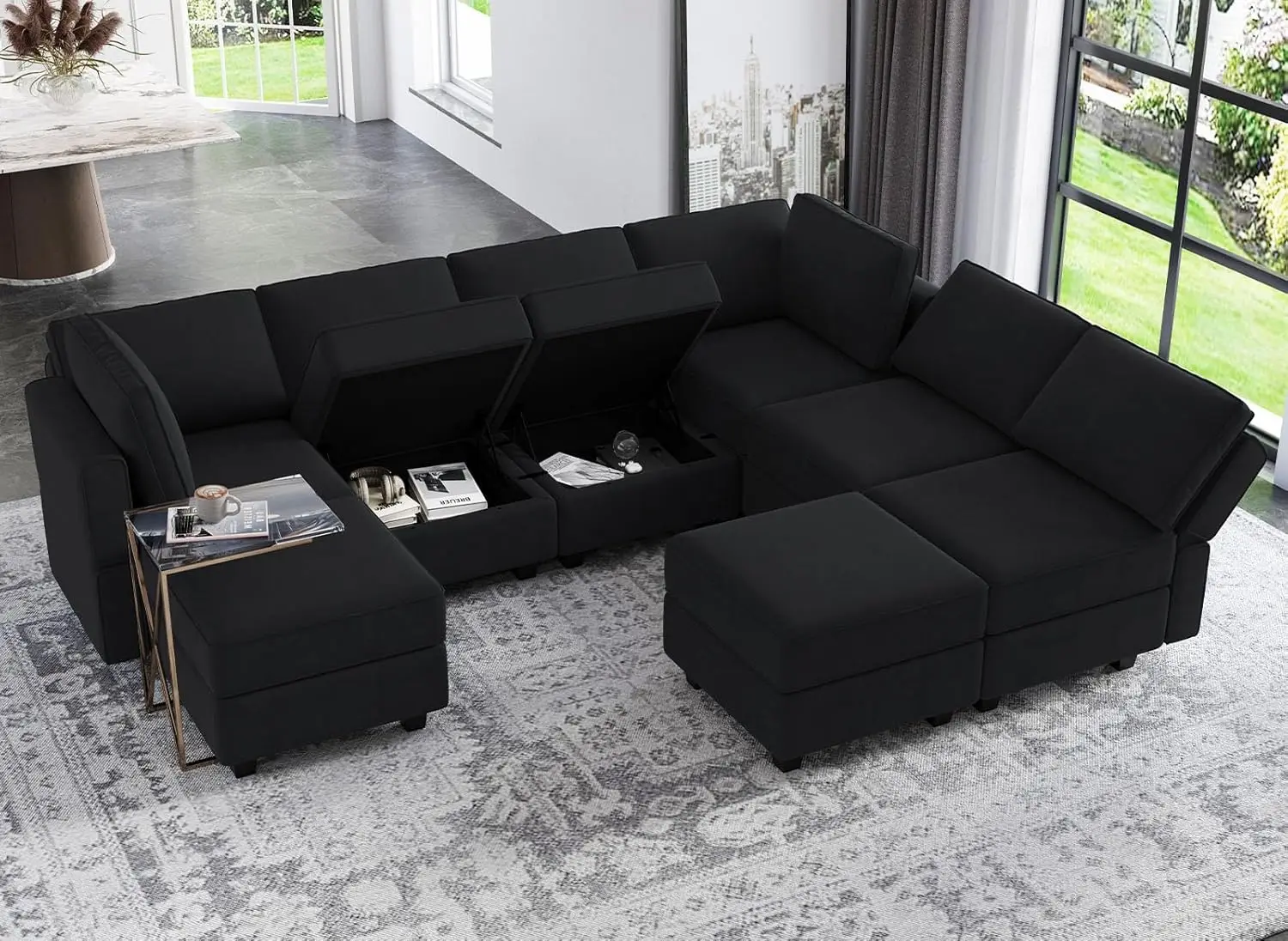 Modular Sectional Sofa with Ottomans Velvet Reversible Sleeper Chaise Bed Storage Seat Black