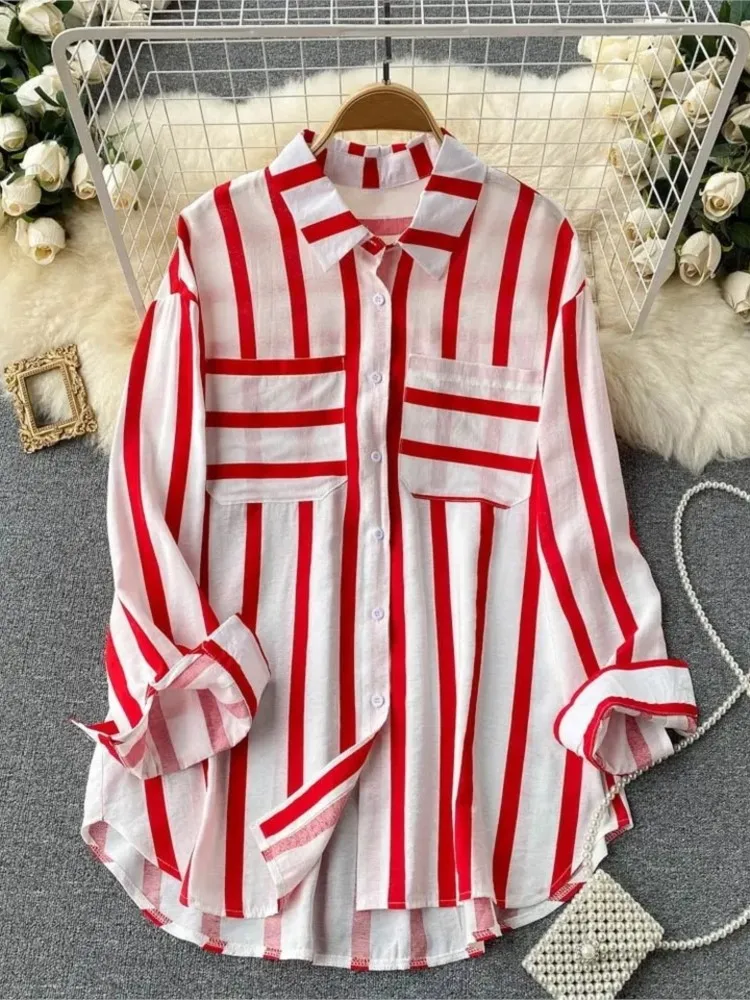 Spring Summer Striped Blouse Fashion Turn-down Collar Long