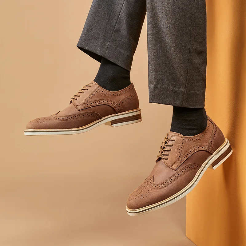 Man Derby Shoes Genuine Split Suede Leather Full Brogue Long Wing Dress Business Men Casual Comfortable Wedding Party Suits mens leather dress shoes