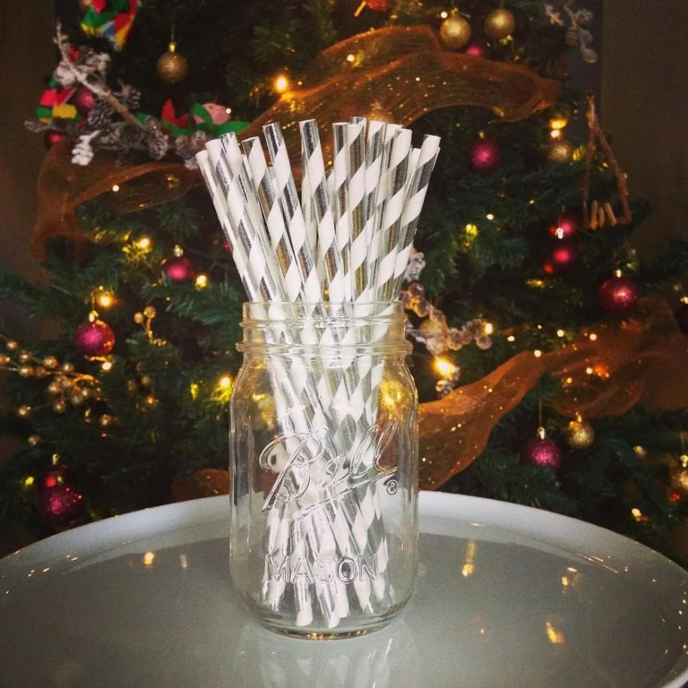 100 Pcs Biodegradable Silver Paper Straws Bulk, Metallic Foil Striped/Wave/Dots Straws for Birthday, Wedding, Party Supplies