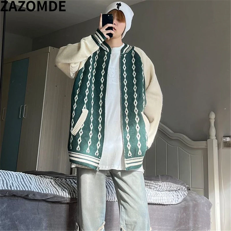 

ZAZOMDE American Style Vintage Contrast Color Sweater Man Autumn Knitwear Baggy Long Sleeve Stand Neck Knitted Cardigan Sweaters