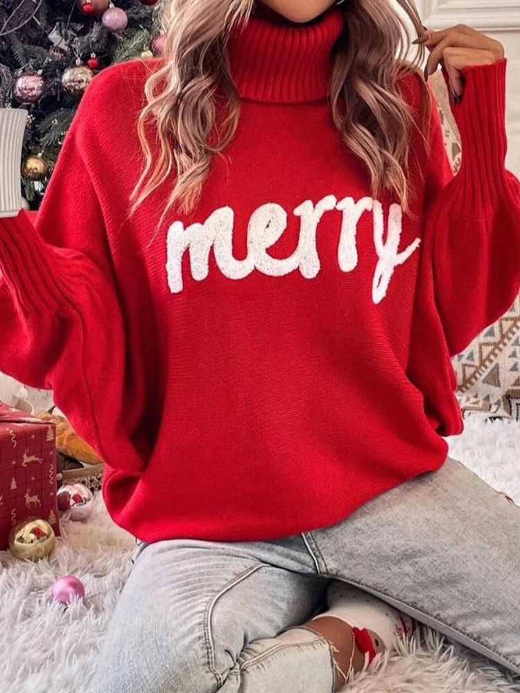 

Turtleneck Knitted Sweater Women Autumn Winter Batwing Sleeve Letter Print Pullovers Female Casual Oversized Chirstmas Knitwear