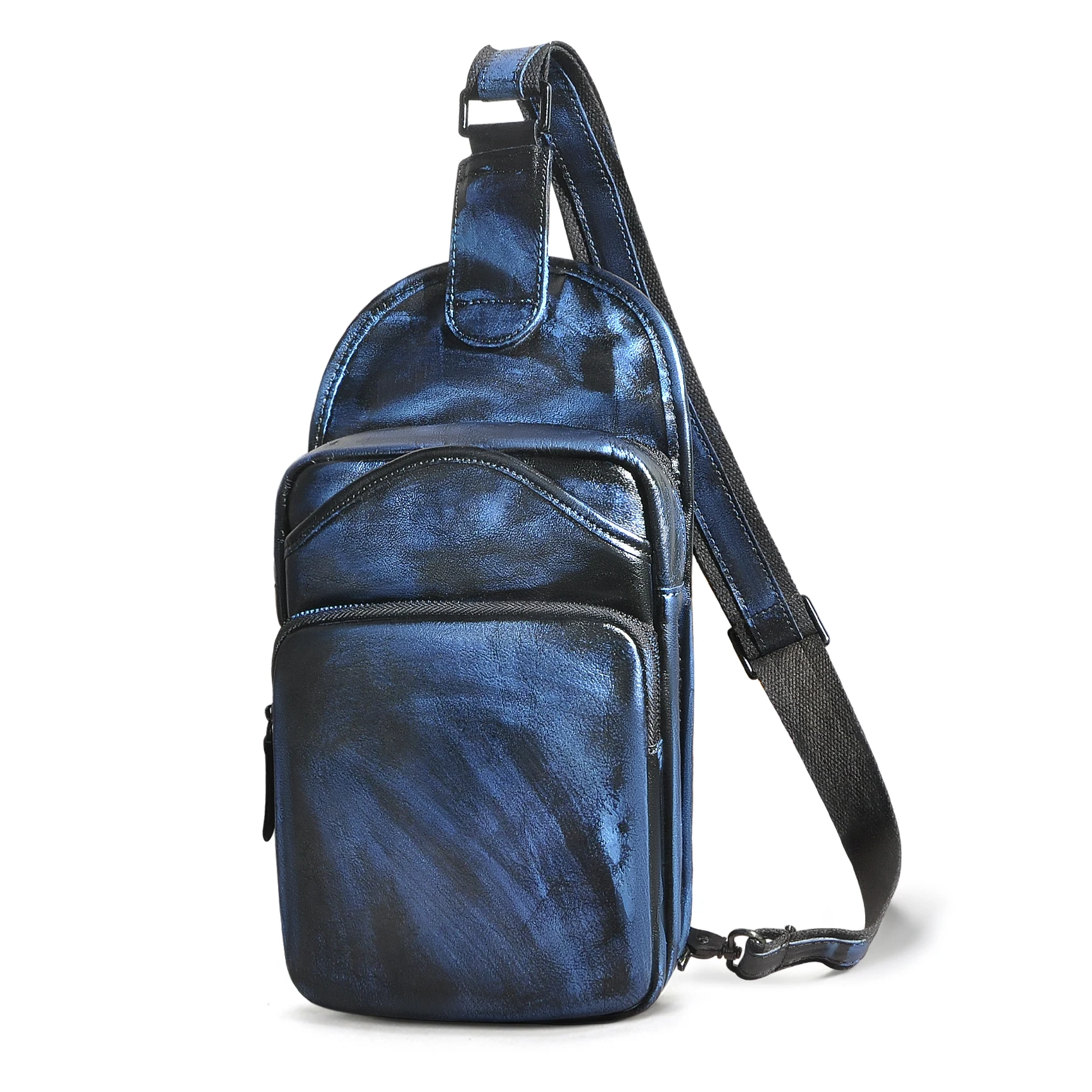 

Le'aokuu Men Crazy Horse Leather Casual Vintage Fashion Blue Chest Sling Bag Design One Shoulder Crossbody Bag For Male 9977