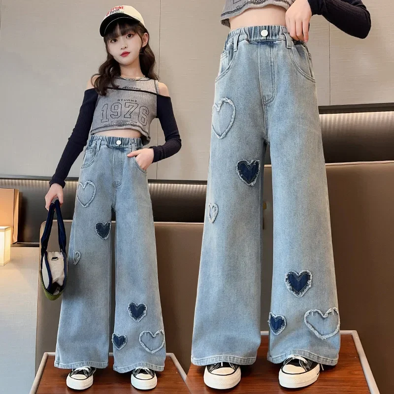

Girls' Jeans Spring and Autumn New Children's Heart Shaped Long Pants 6-15 Year Old Girls' Loose Wide Leg Pants Flare Pants