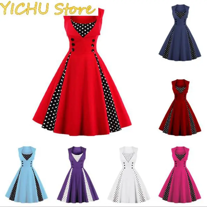 

New Women Wave Point Classic Design Sleeveless U Collar Stitching Big Skirt Temperament Party Dance Dinner Clothing Female Dress