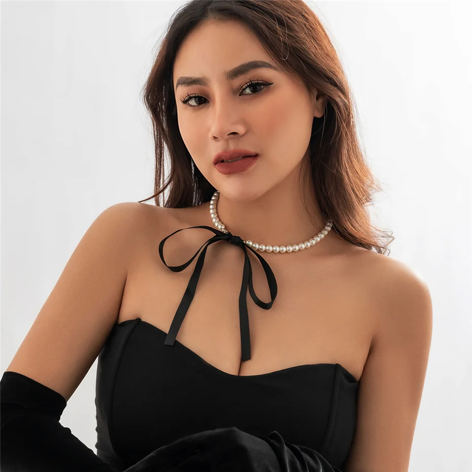 Ingemark elegante schwarze Samtband Bowknot Choker Halskette für Frauen wed Goth Imitation-Perle Schlüsselbein Kette y2k Accessoires – Detail 8