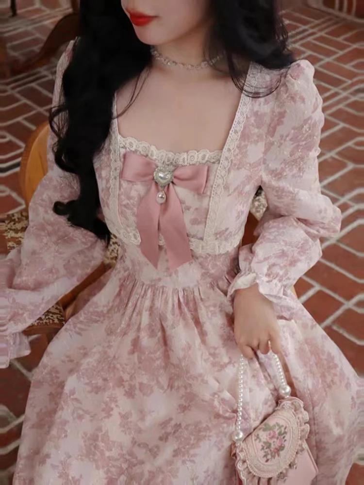 Vestido-de-princesa-rosa-para-mujer-estampado-Floral-Vintage-manga ...