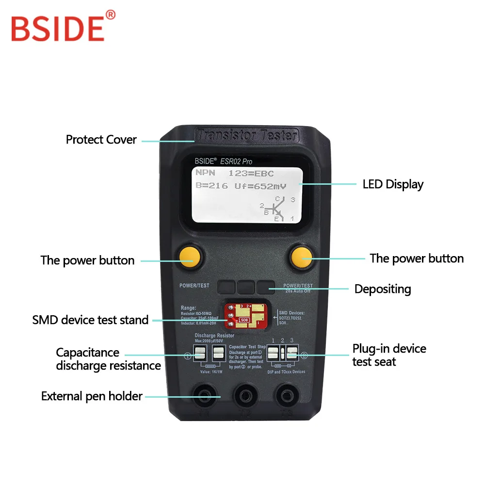BSIDE Professional Digital Transistor Tester Diode Triode Capacitance Resistor Meter MOS/PNP/NPN SMD test Multimeter ESR02 Pro 2