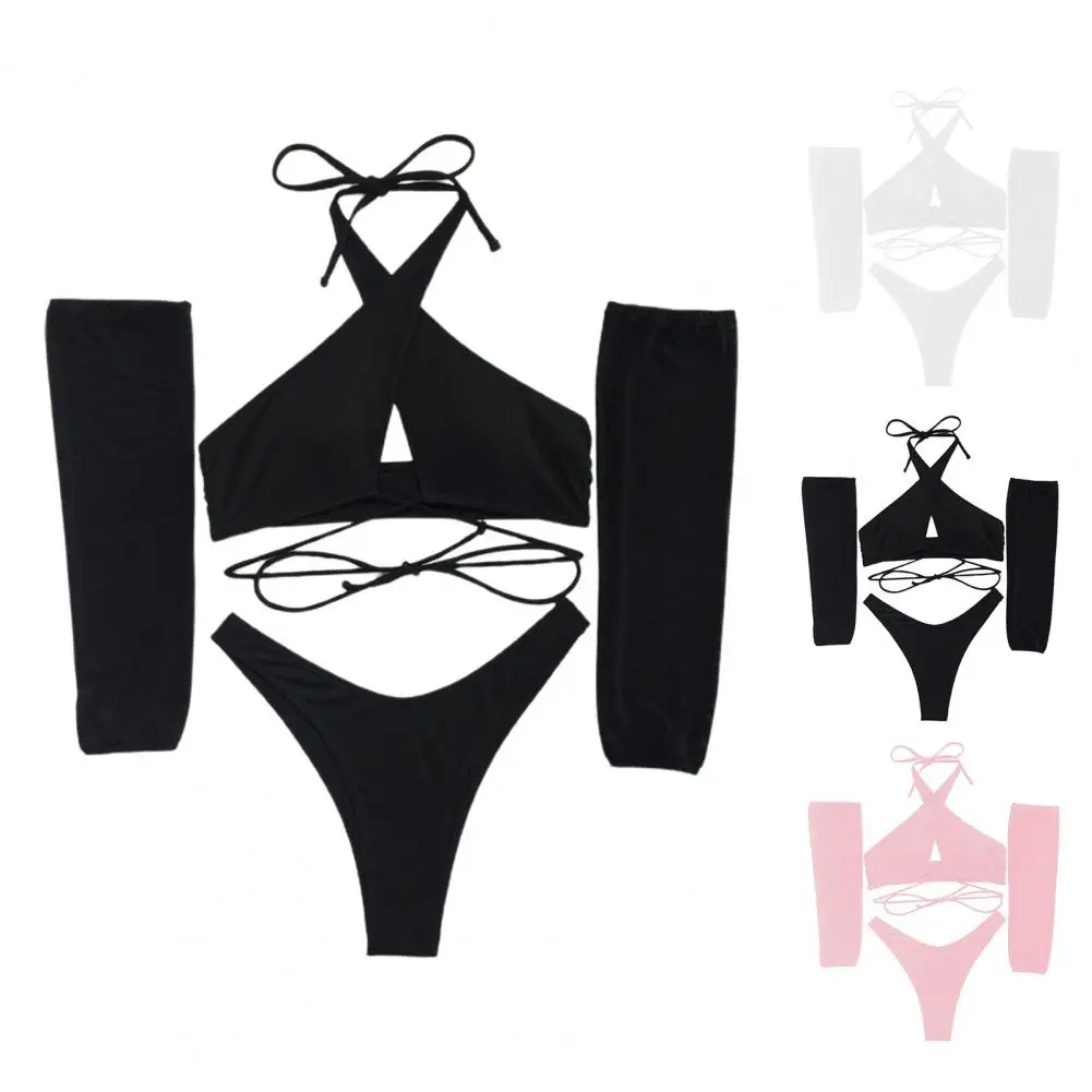 3 Pcs/Set Women Swimsuit Sunscreen Arm Cover Halter Neck Strap Quick Dry Summer Swimwear Set for Beach