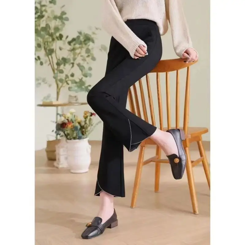 Autumn Winter New Solid Color High Waist Pearl Decoration Spliced Casual Flare Fashion Simplicity Slim Appear Thin Women's Pants