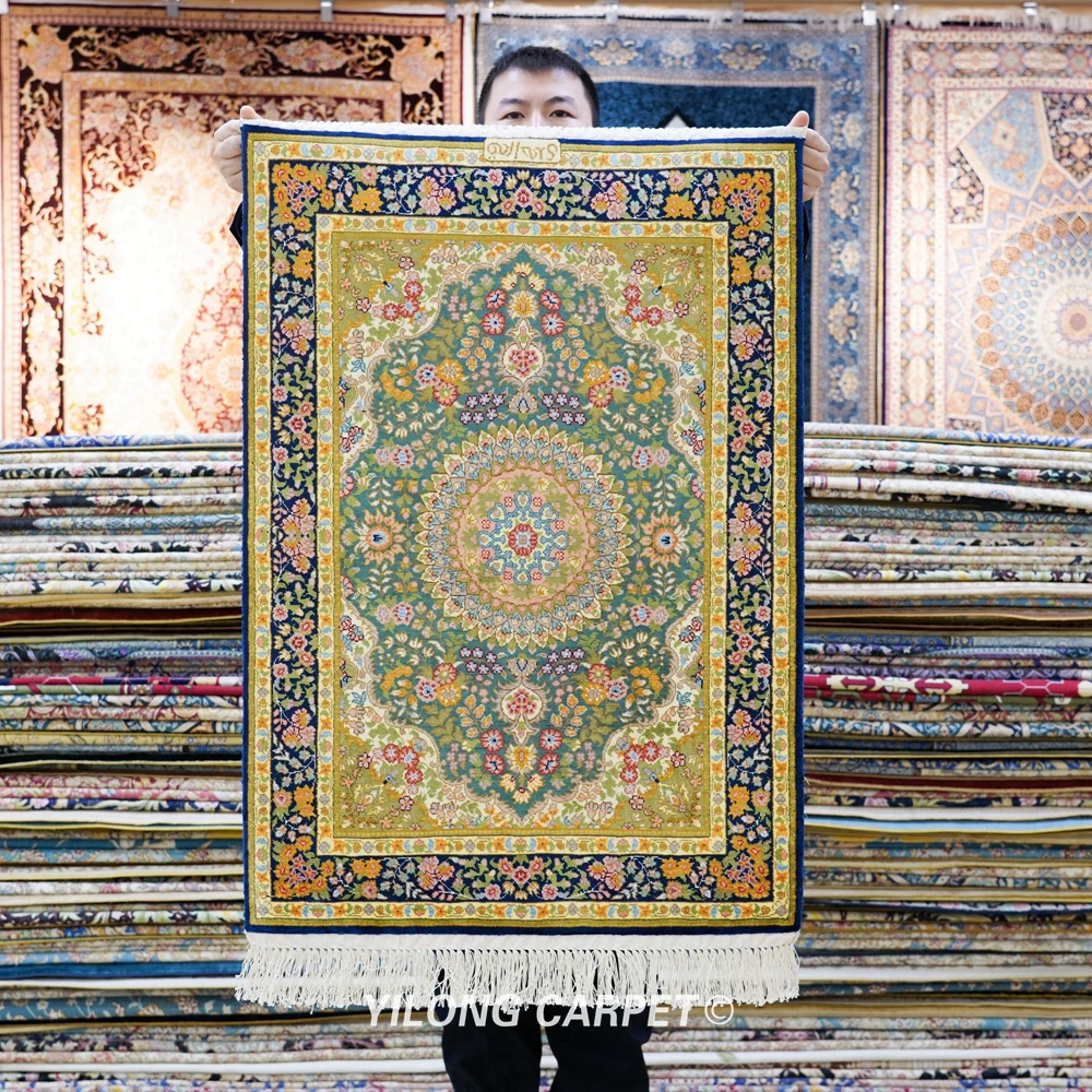

61x91cm Handmade Silk Carpet Blue Tapestry Oriental Easy to Clean Small Rug (TJ473A)