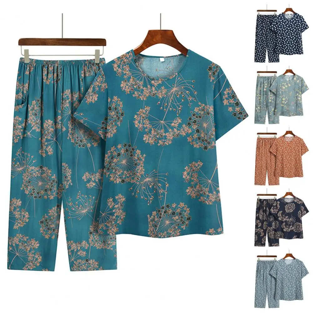 Ladies Pajamas Suit Stylish Mid-aged Grandmother Homewear Set Floral Print Pajamas with Wide Leg Trousers Elastic Waist women pajamas set women pajama suit