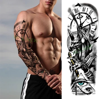 Autocollant de tatouage temporaire étanche Anubis, manches de tatouage pour hommes et femmes, ancien chien égyptien, rome, horloge oeil, bras complet, faux Flash