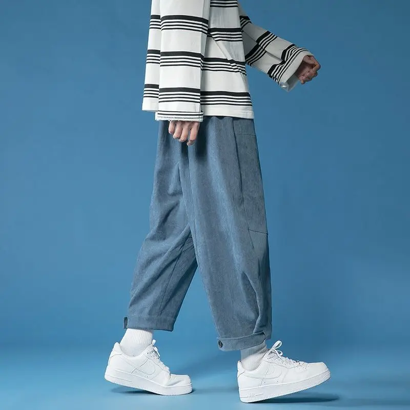Spring Autumn New Solid Color Fashion Elastic Waist Wide Leg Trousers Man High Waist Pockets Patchwork Loose Ankle Length Pants