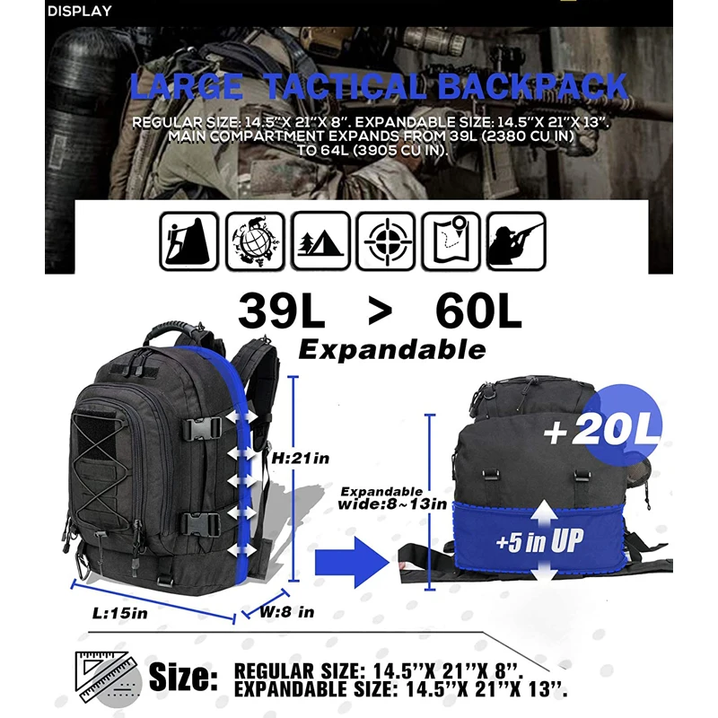 60L Extra Large Tactical Backpack for Men Women Outdoor Water Resistant Hiking Backpacks Travel Backpack Laptop Backpacks