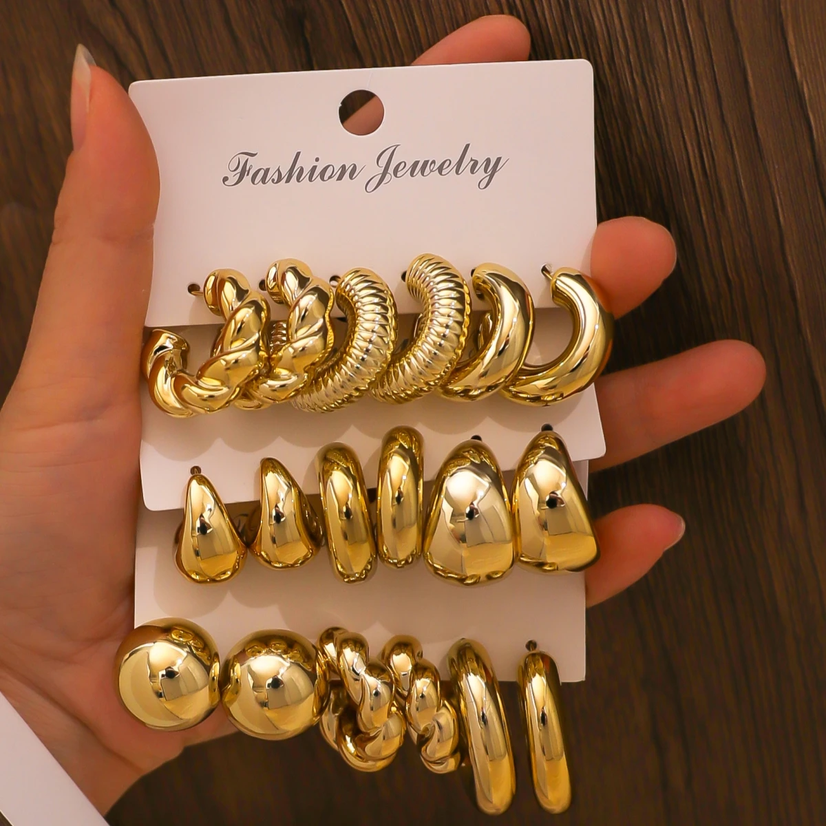 Earring Set 18pcs/Set Luxury Gold Chunky Twist C-Shape Teardrop Women Fashion Metal Geometric Round Earrings