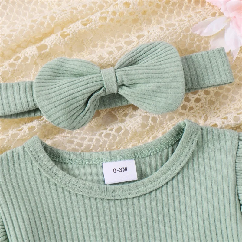 

Newborn Baby Girls Clothes Ruffle Long Sleeve Solid Ribbed Romper Dress with Headband Fall Winter Outfits