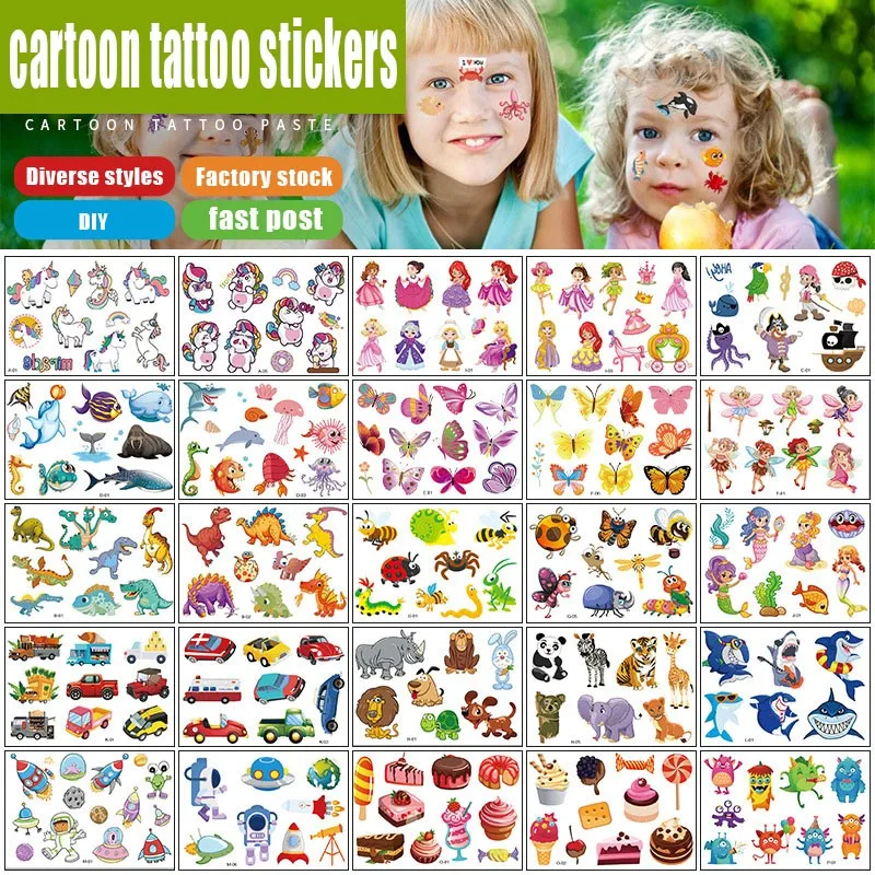 12 Pack Fake Tattoo Stickers Cartoon Temporary Tattoos Kids Arms DIY Body Art Cartoon Collection Mermaid Unicorn Animals