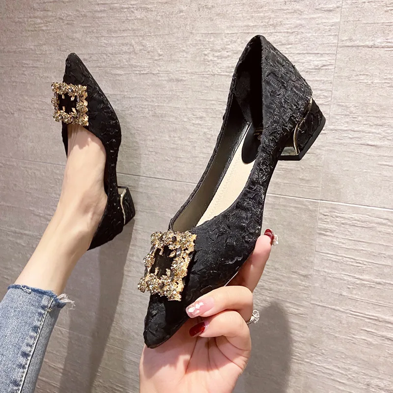 Shoes Women's Pumps 2022 New Slip-On Rhinestone Square Buckle Pointed Toe Shallow Shoes Square Heel 3CM Fashion Shoes
